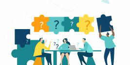 ┬®IRStone-AdobeStock Die Illustration zeigt Personen an einem Tisch, welche unterschiedliche Fragestellungen bearbeiten. Die Fragstellungen stehen für Projekte von ÖKUSS und ergeben ein Gesamtbild.