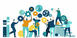 ®IRStone-AdobeStock Die Illustration zeigt eine Gruppe von Menschen, welche gemeinsam unterschiedliche Tätigkeiten ausführen, um ein gemeinsames Ziel zu erreichen.