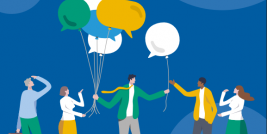 Credit: NuthawutSomsuk-iStock Die Illustration zeigt eine Menschengruppe mit Luftballons in Form von Sprechblasen.