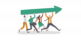 ®Nuthawut Somsuk-iStock-12 Die Illustration zeigt vier laufenden Menschen, welche einen Pfeil gemeinsam tragen