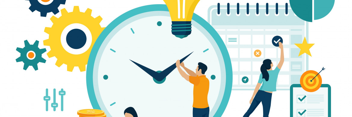 Menschen im Arbeitsprozess mit einer Uhr, einem Kalender, Diagrammen und Münzen