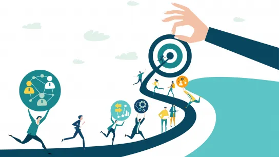 Fotocredit: IRStone-AdobeStock Die Illustration zeigt mehrere Personen, die auf einem geschwungenen Weg in Richtung einer großen Zielscheibe laufen, die von einer Hand gehalten wird. Jede Person trägt ein Symbol für Themen wie Vernetzung, Analyse oder Strategie, was den Weg zu gemeinsamen Zielen darstellt.