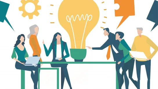 Fotocredit: IRStone-AdobeStock Die Illustration zeigt eine Gruppe von sechs arbeitenden Menschen beim Tisch. In der Mitte des Tisches steht eine große Glühbirne.