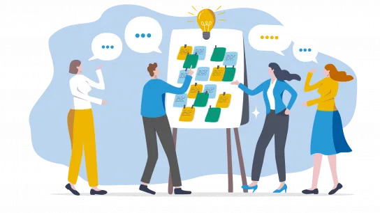 Fotocredit: OeKUSS-┬®NuthawutSomsuk-iStock Die Illustration zeigt vier Personen, welche um ein Flipchart herum stehen und gemeinsam sprechen.