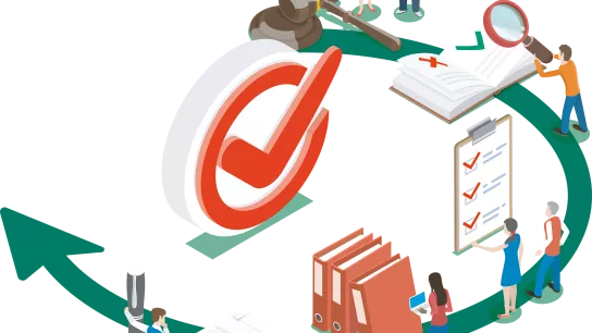 Fotocredit: TarikVision-iStock Die Illustration zeigt mehrere Personen, die in einem Kreislauf aus Dokumenten, Ordnern und Checklisten arbeiten, begleitet von Symbolen wie einem Richterhammer und einem großen Häkchen. Der grüne Pfeil verbindet die einzelnen Schritte und verdeutlicht einen strukturierten Prüf- oder Genehmigungsprozess.